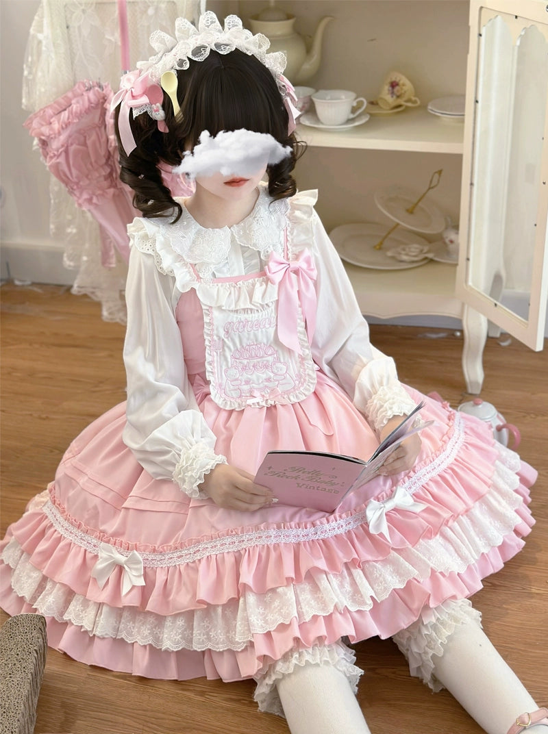 Hanguliang~Sweet Bear~Kawaii Lolita JSK Dress Embroidery Flounce Hem