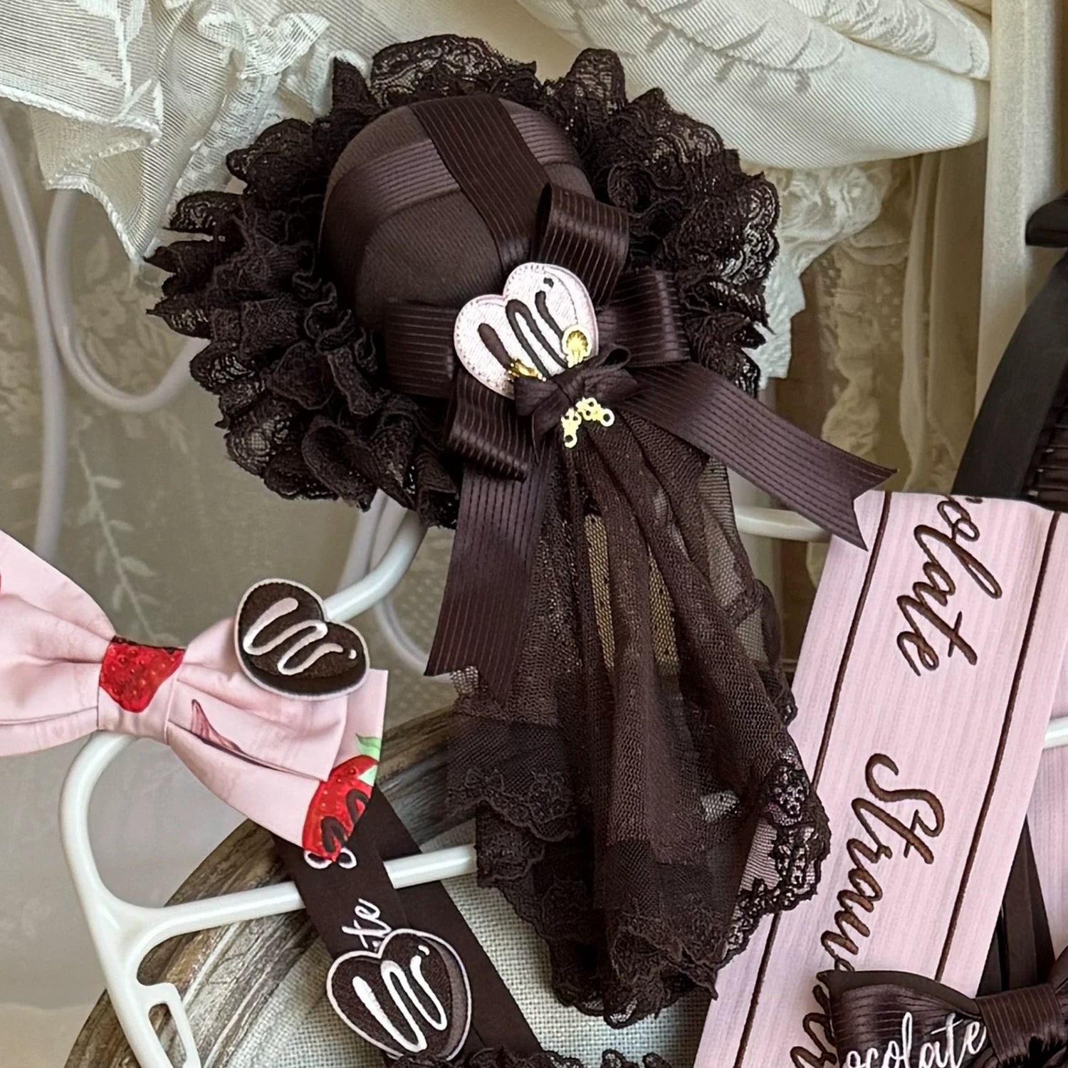 Strawberry Chocolate Lovers - Sweet Lolita Embroidered Printed Accessory Small Top Hat One Size