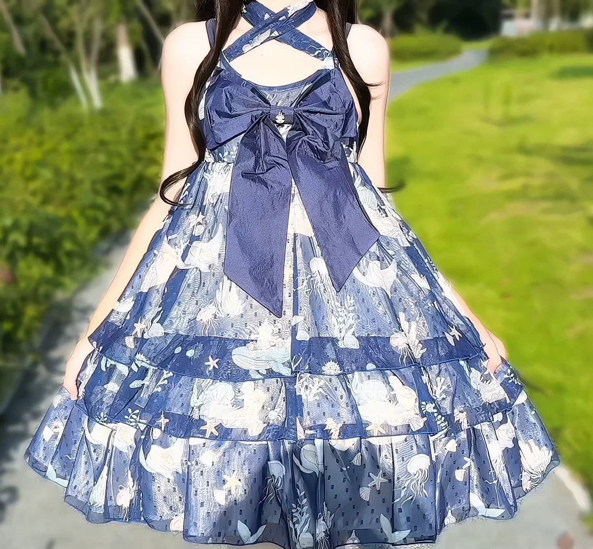 Ocean Sweetheart - Chiffon Sweet Lolita JSK Dress, Whale & Jellyfish Print (L S) 44902:826991