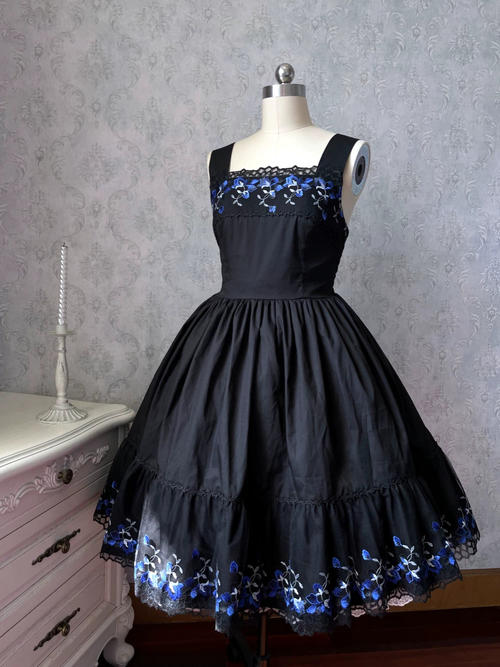 Alice of the Night - Gothic Lolita JSK Cotton Dress, Embroidery & Blue Florals