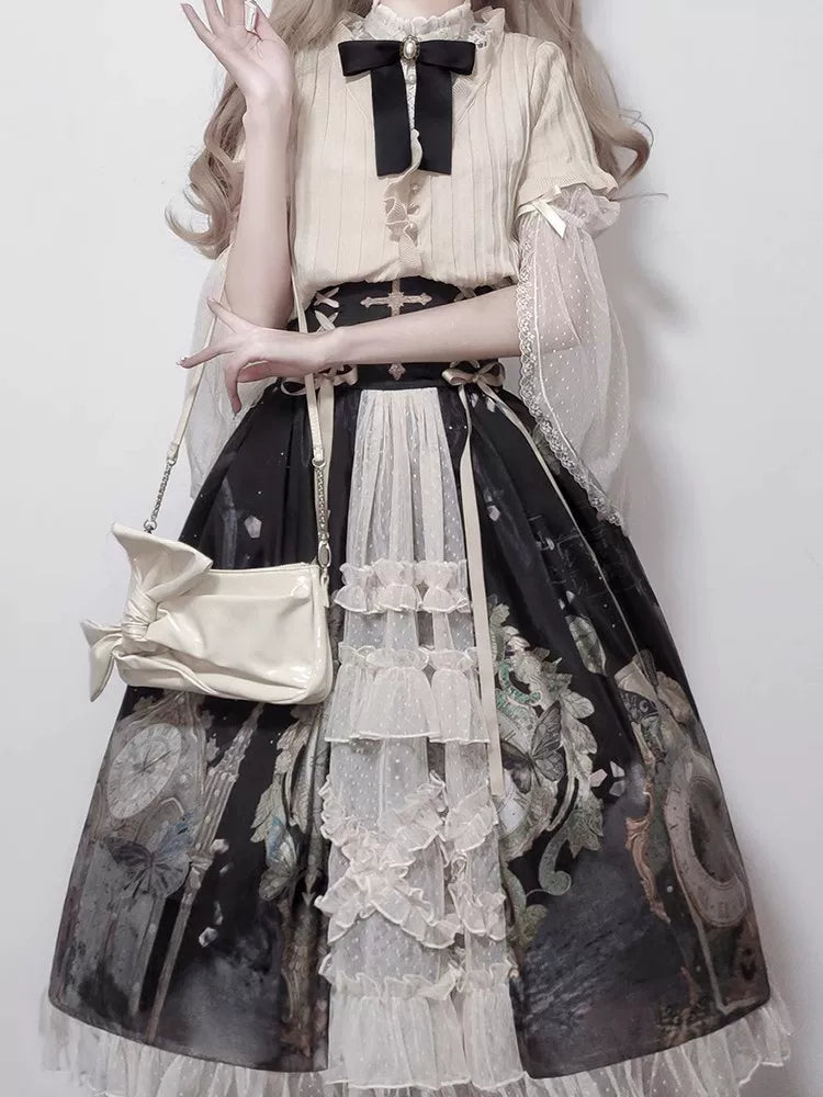 Clock Butterfly - Gothic Lolita Printed Blouse and Corset Skirt Set