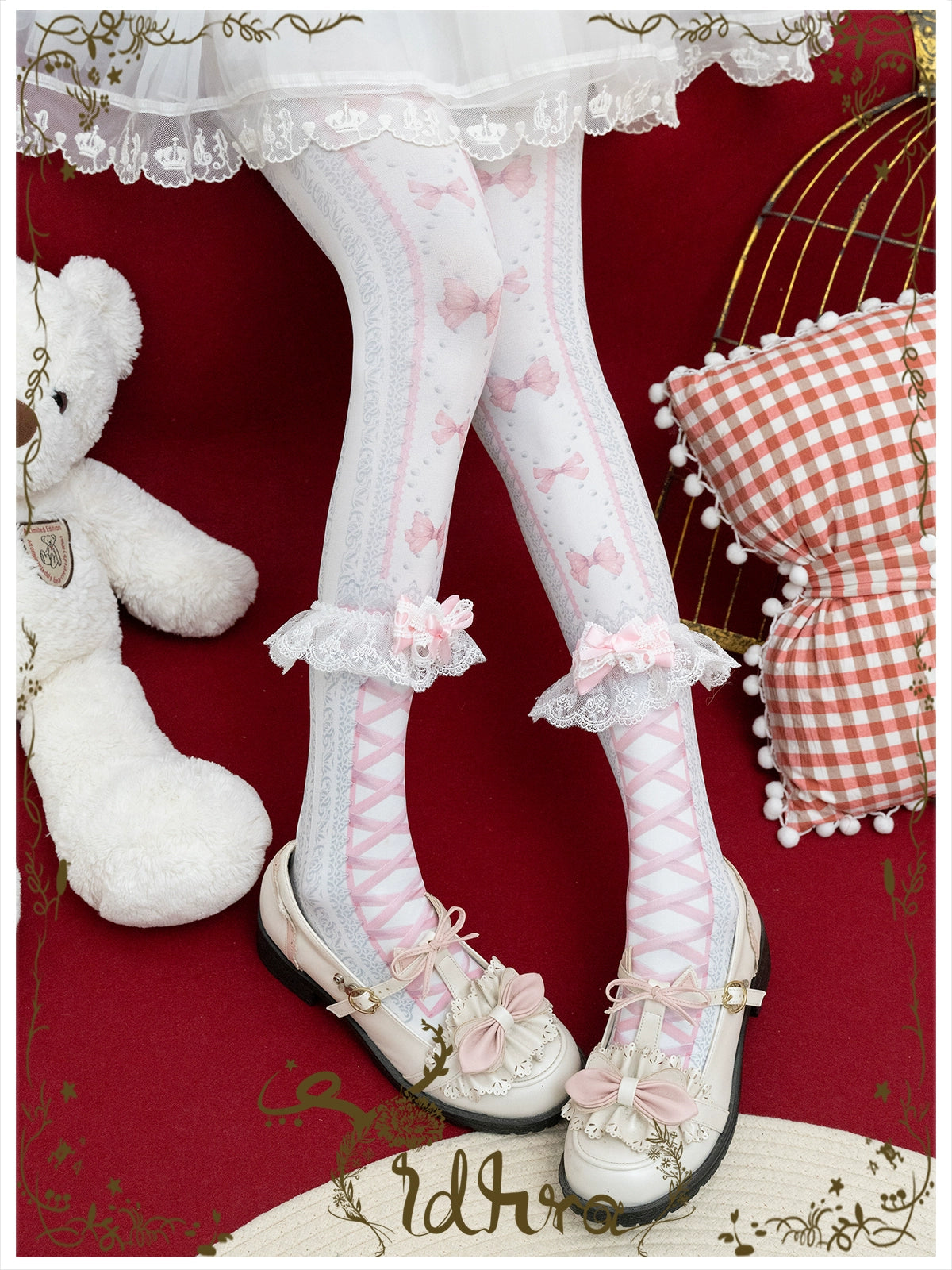Yidhra - Christmas Lolita Pantyhose with Calf Lace Decoration Pink - Luxurious Version (with a pair of calf decorations)