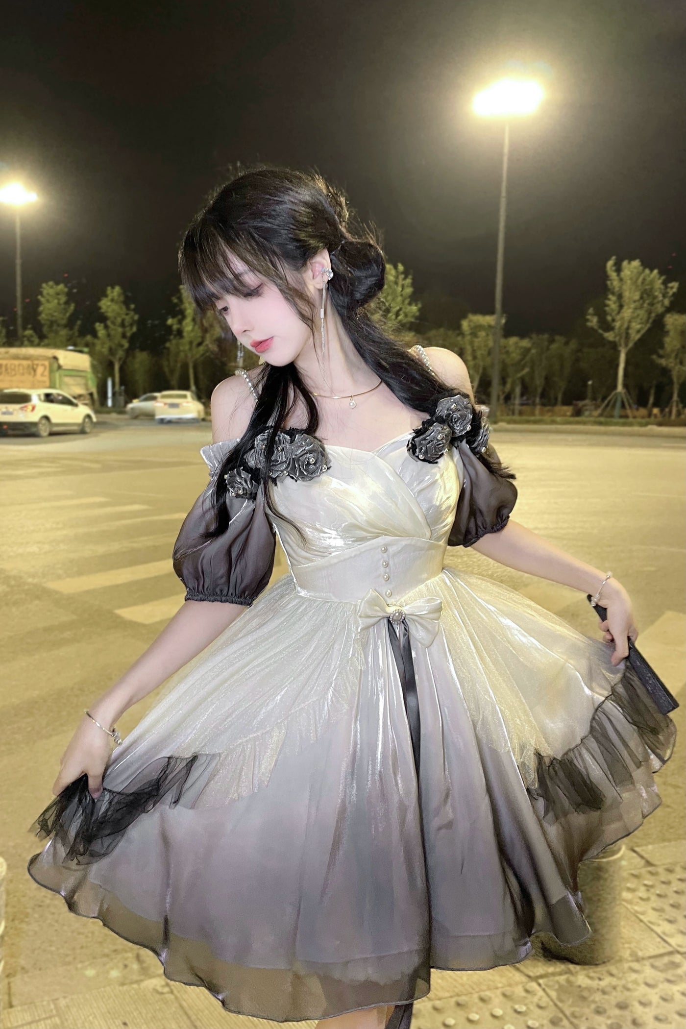 (BFM)Meowing and fruity~Miss Dael Fairy Lolita OP Dress S Ink Black Short Dress 