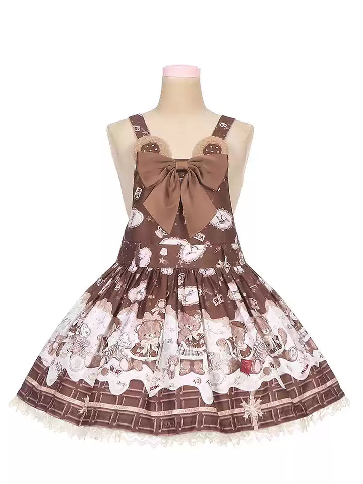 To Alice~Dear Dolls~Sweet Lolita Salopette Bear Print Dress Coffee brown salopette only S