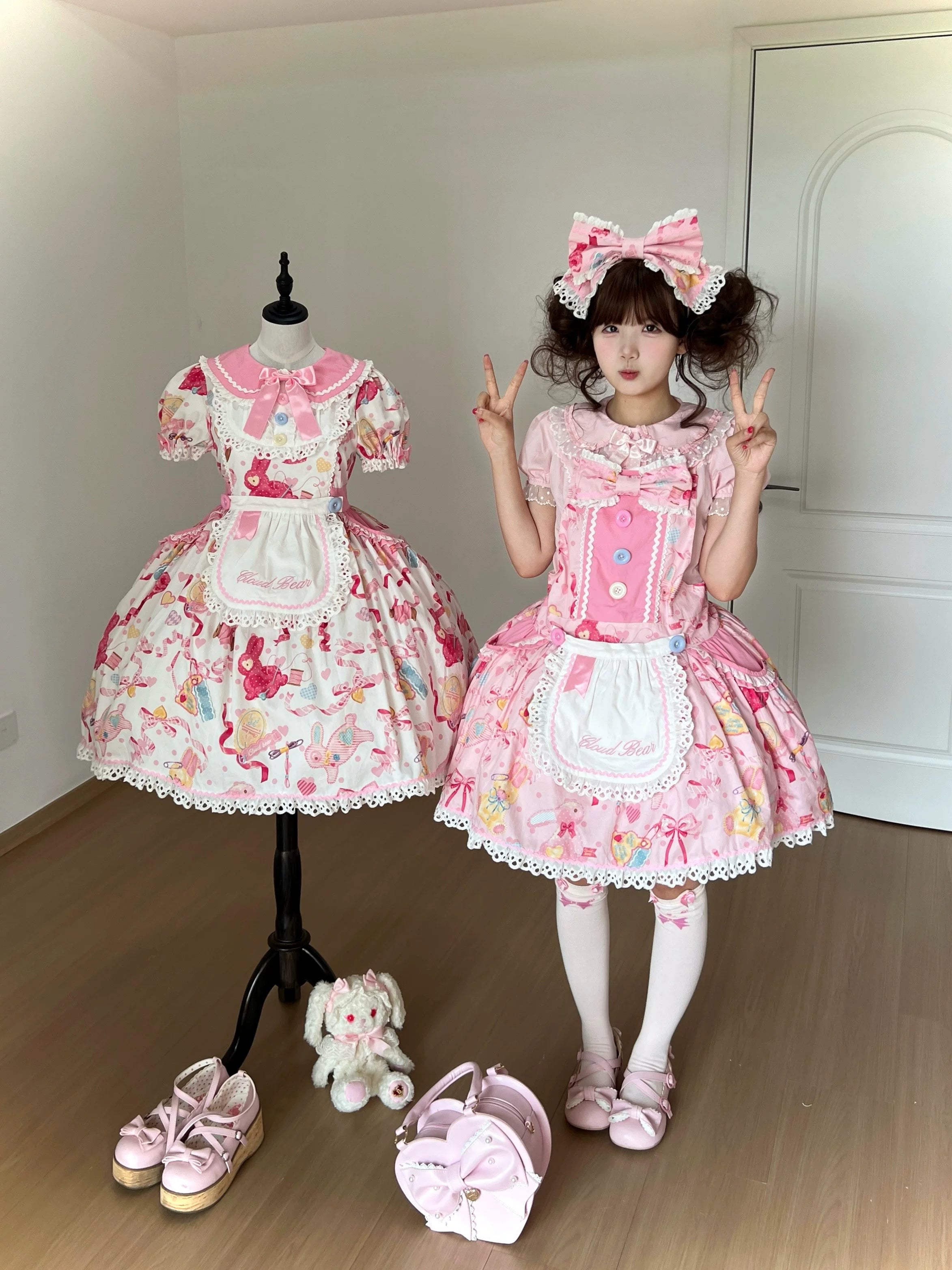 Little Bunny Tag - Sweet Lolita Bunny Printed OP & Salopette, Detachable Apron 45718:859513