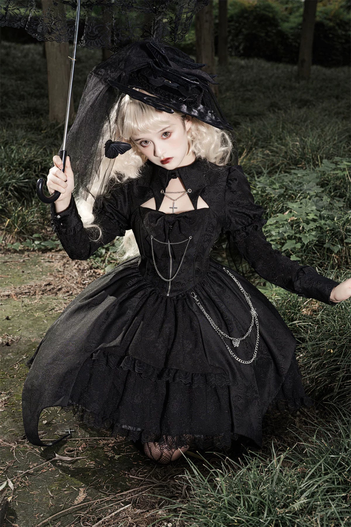 Darknight Creed - Gothic Lolita Jacquard OP, Irregular Hem & Cross Pendants 45847:865301