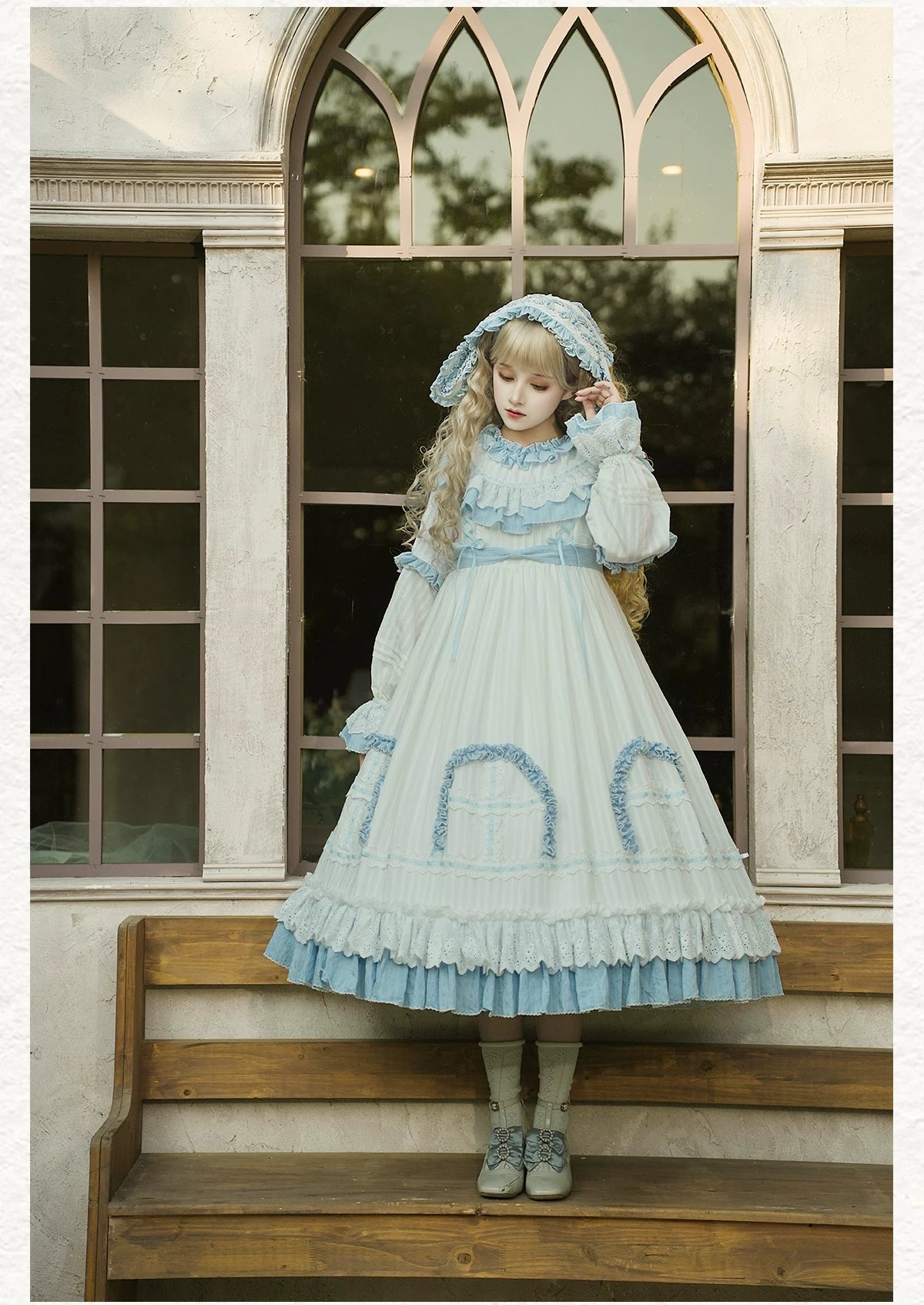 Lilian - Classic Lolita Doll-like OP Dress, Bunny Ear Hairband (Blue / L M S XS) 44900:827031
