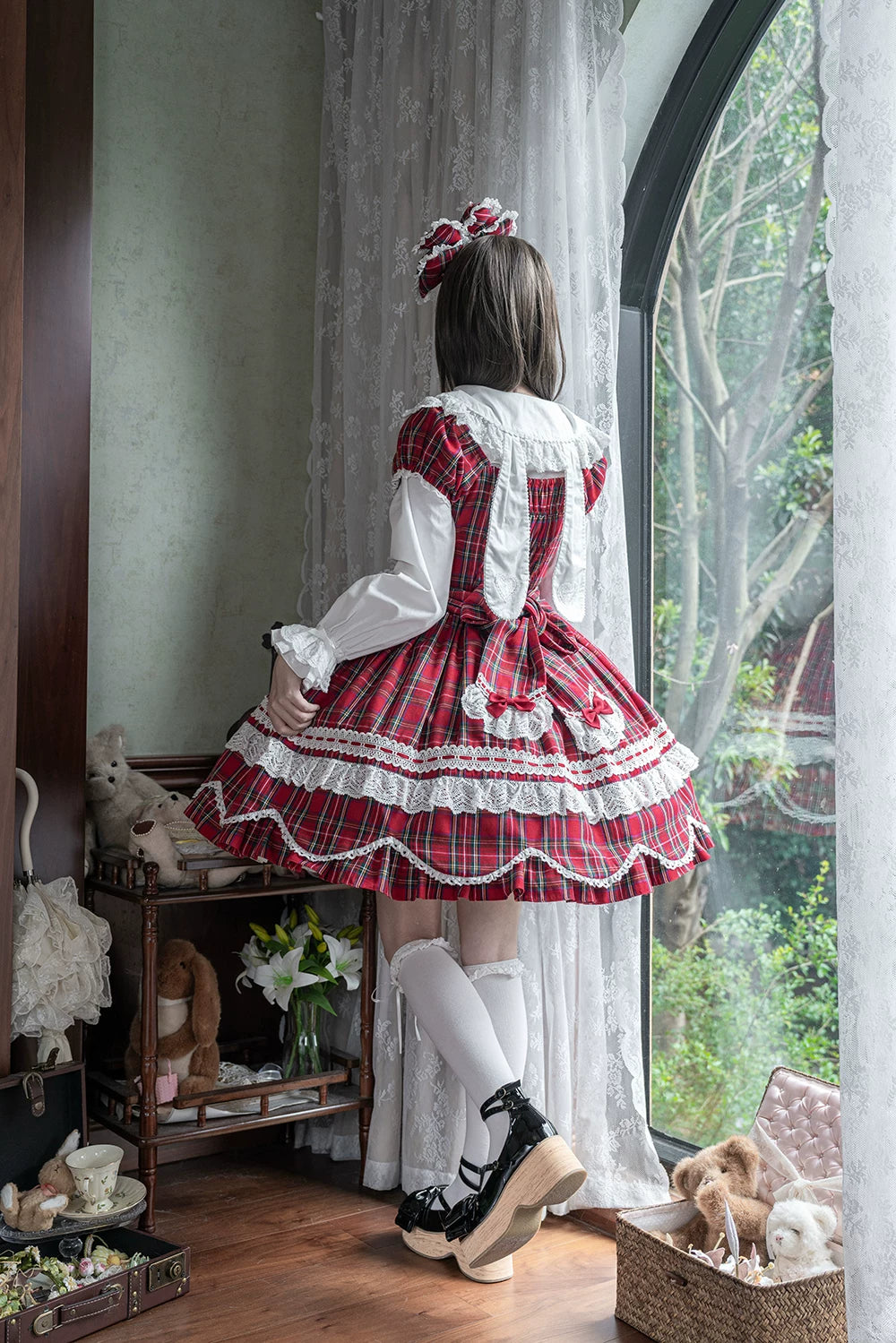 Plaid Petal Bunny - Old School Lolita Plaid OP Dress, Petal-shaped Hem 44673:818310