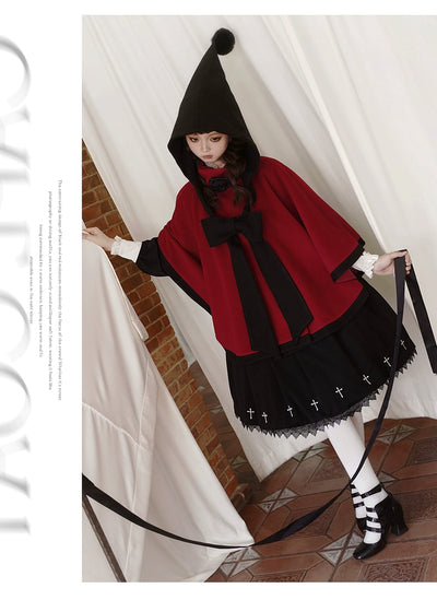 Urtto~Lolita Woolen Coat Autumn Winter Elegant Red and Cream Cloak   