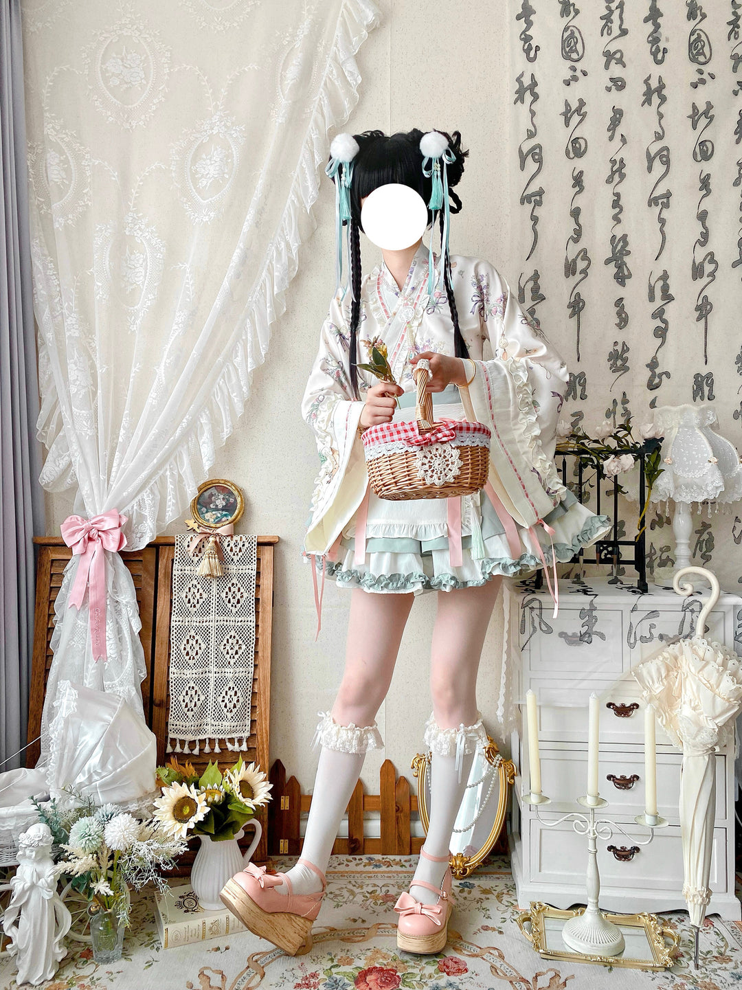 Qianmu~Little Herbalist~Han Lolita Skirt Outfit with Cross-collar Blouse and Apron