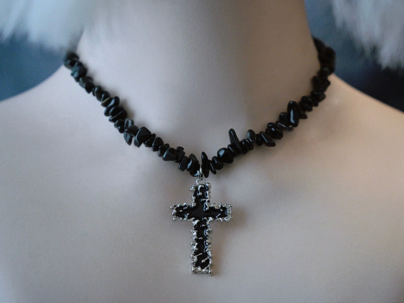 Strange Sugar - Handmade Gothic Lolita Choker, Multiple Pendant Thorned Cross
