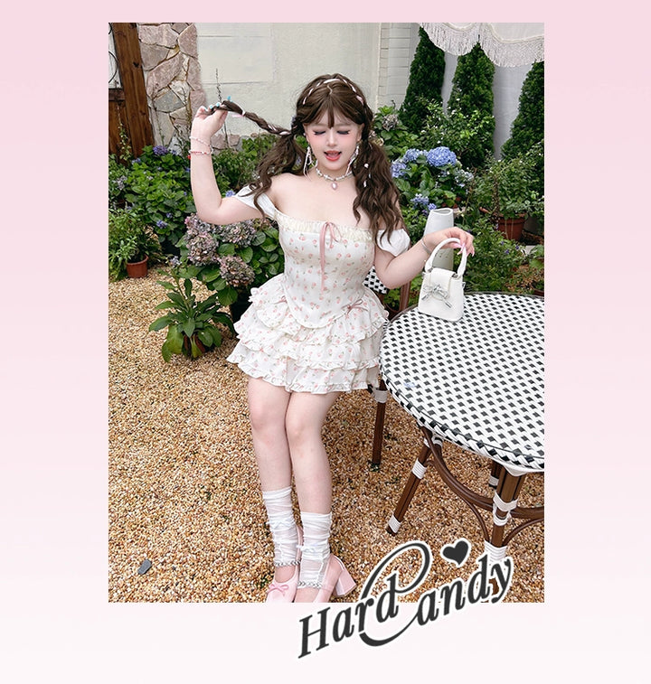 Yingtang~Plus Size Lolita Skirt Tulip Floral Print Skirt and Short Sleeve Blouse Set   