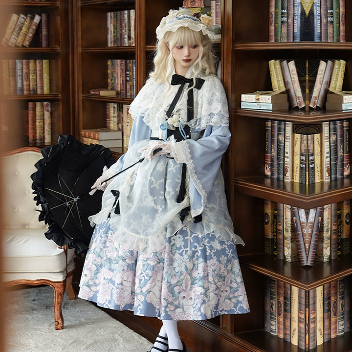With PUJI~Letter and Poetry~Wa Lolita Dress Maid Printed OP Dress Set   