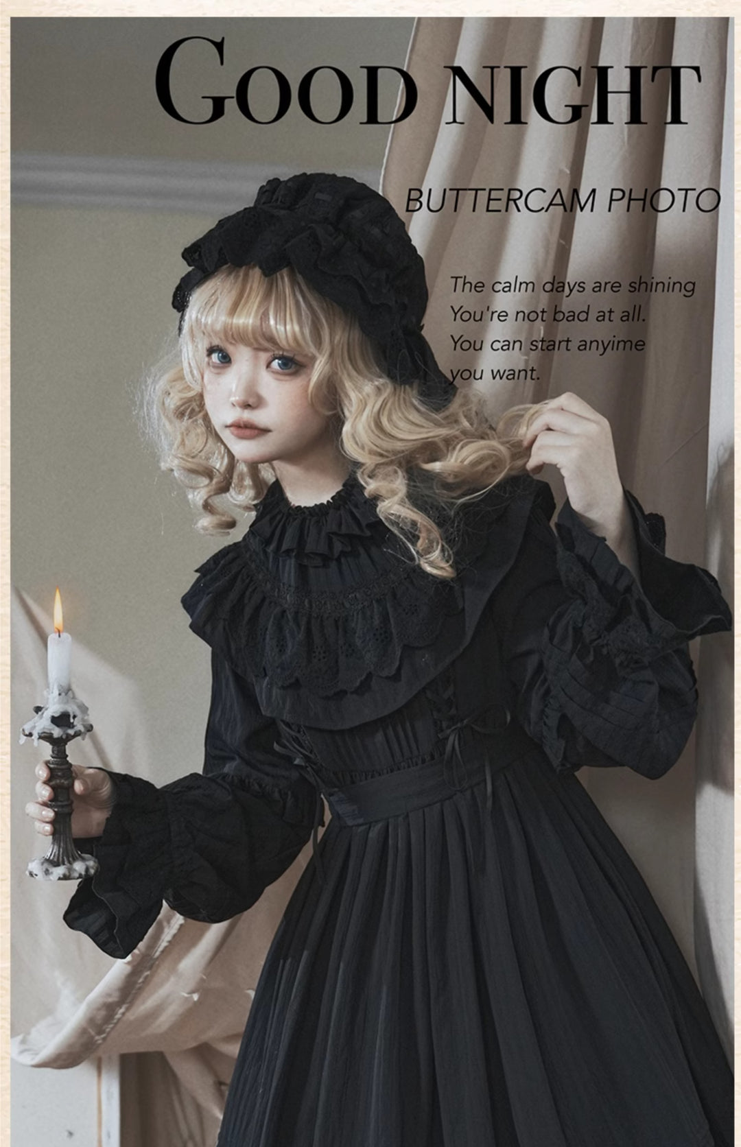 Sanshanjiu~Goodnight Black~Gothic Lolita Black OP with Round Cape Collar