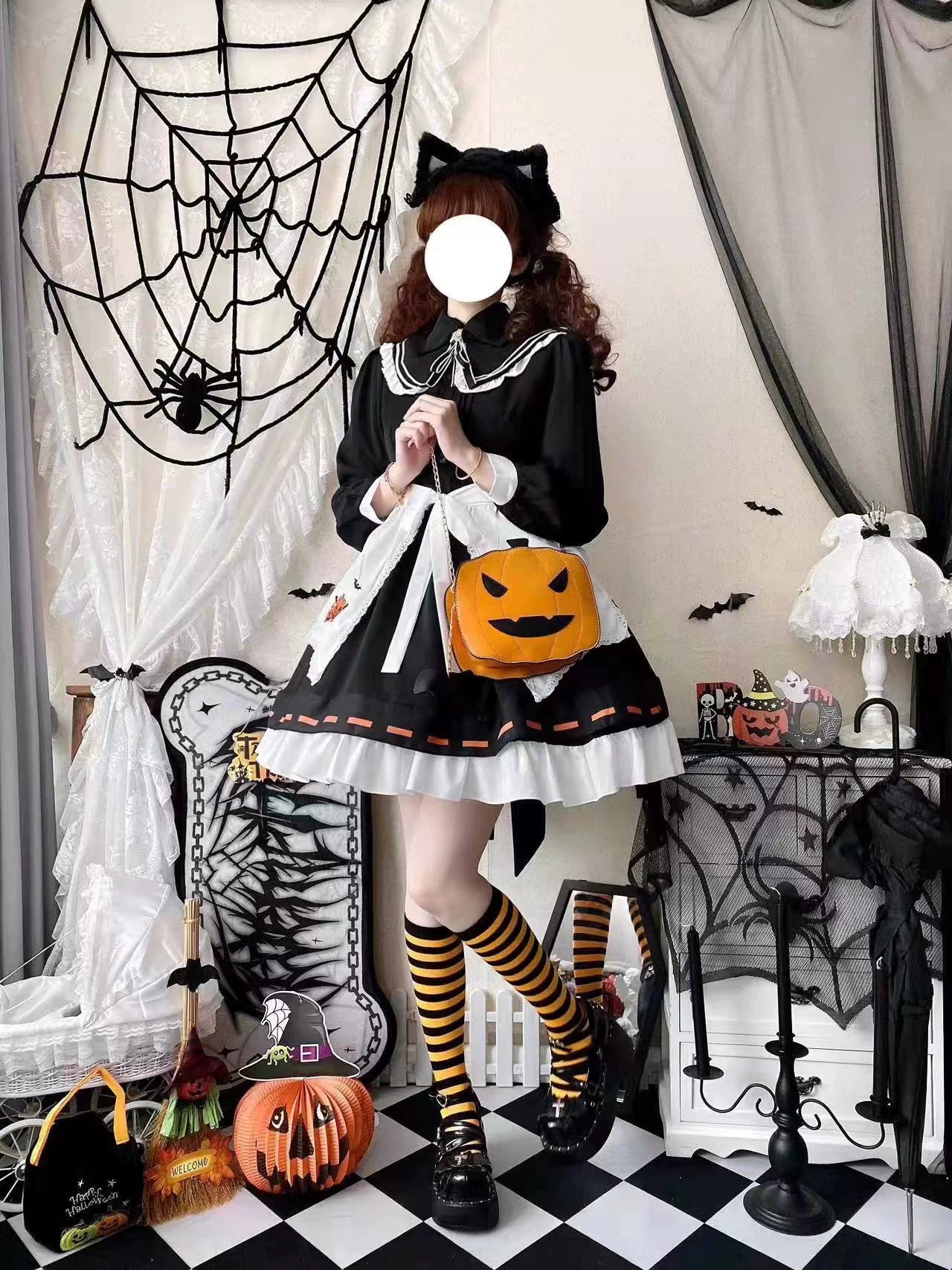 Little Witch - Halloween Gothic Lolita OP Dress Set, Pumpkin & Bat Embroidery