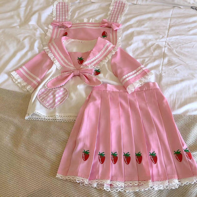 Fishing boss~Kawaii Lolita Pink Strawberry Pattern Suit   
