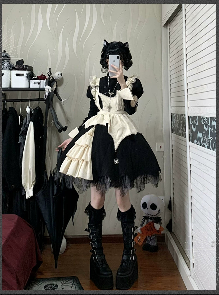 Sakurahime~Spider Dream~Gothic Lolita OP Dress Maid Lolita Built-in Fishbone Detachable Apron