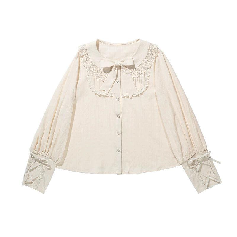 Honey Machine - Vanilla Latte - Retro Lolita Shirt Mutton Sleeve Innerwear S Beige shirt