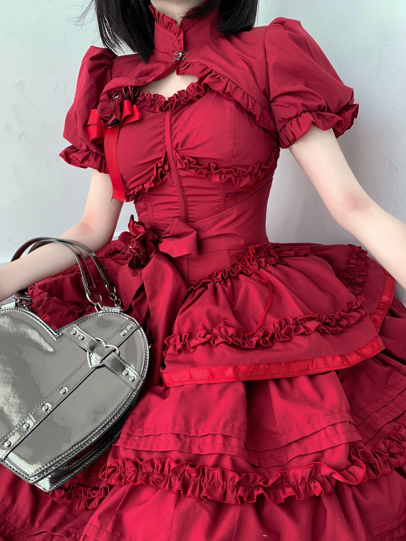 Mengfuzi~LiLith~Gothic Lolita JSK Dress Christmas Short Sleeve Bolero XS wine red dress 