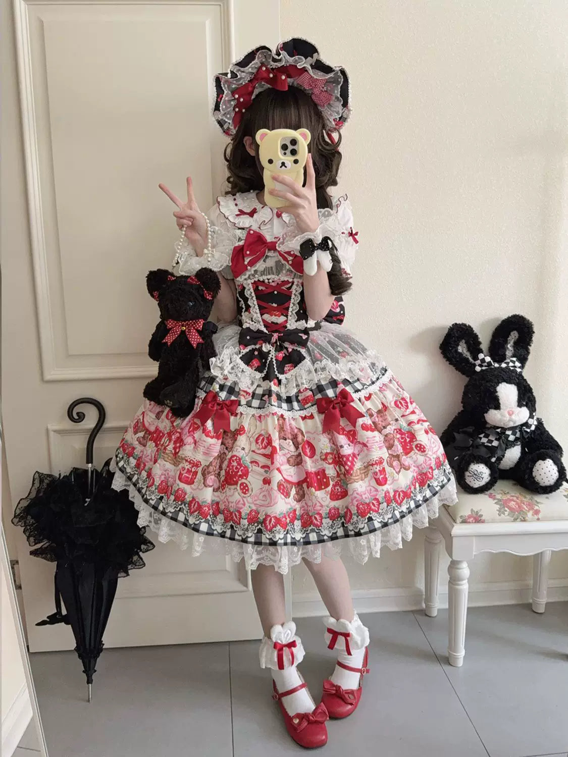 SweetBerry Bunny Bear - Sweet Lolita Tiered Lace JSK Dress, Strawberry and Bear Print