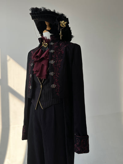 (BFM)ZJstory~Ouji Lolita Embroidery Set Court Style Skirt and Pants S Black Male set (Long Jacket + Vest + Pants) 