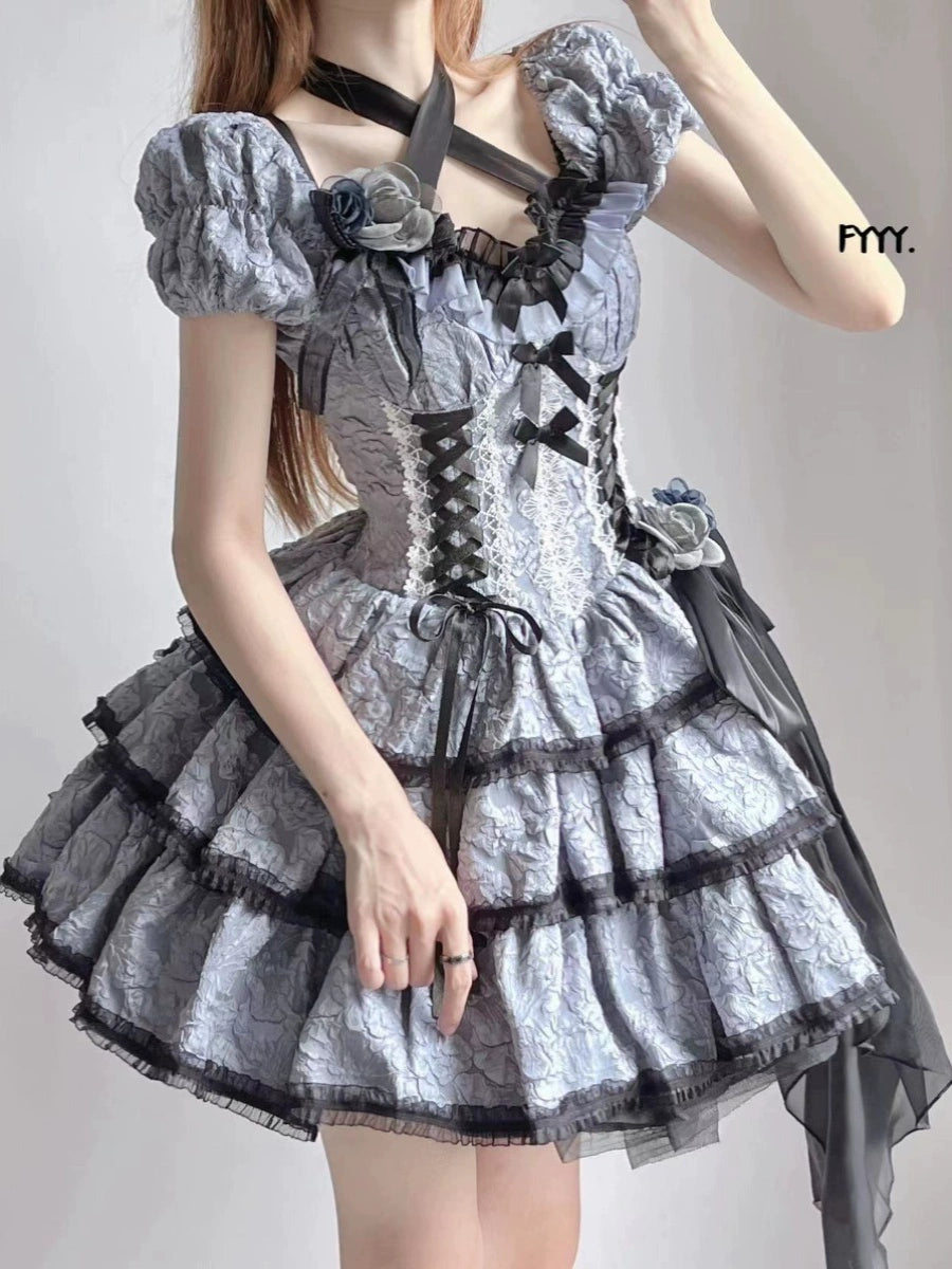 Xingweimian - Medea's Kiss - Gothic Lolita OP Dress Short-Sleeved Black-blue Dress Set S flower headdress