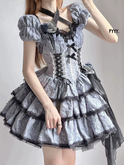 Xingweimian~Medea's Kiss~Gothic Lolita OP Dress Short-Sleeved Black-blue Dress Set S flower headdress 
