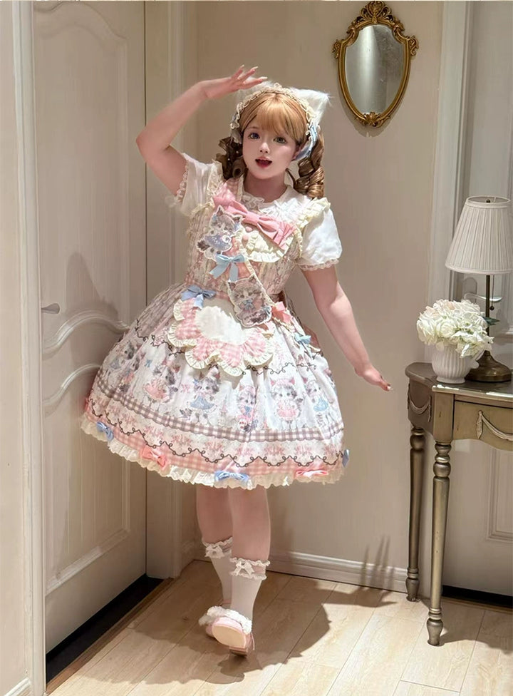 Shattered Lace Dream - Shattered Cat - Cat Printed Kawaii Lolita JSK Dress, Embroidered Sash