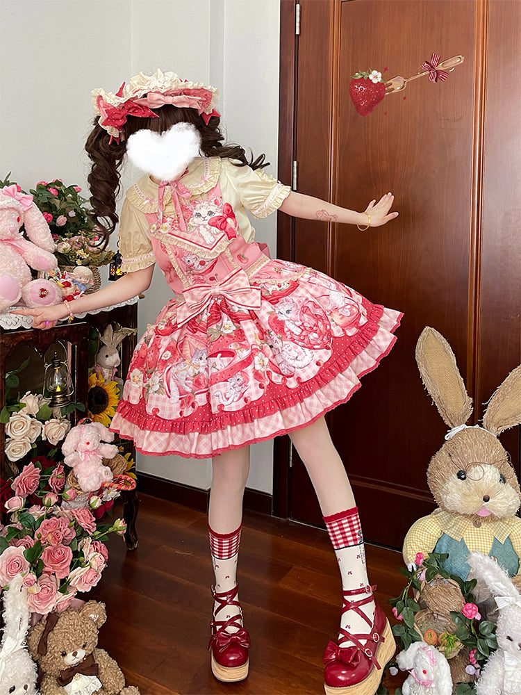 Mewroco~Strawberry Cat~Sweet Lolita Dress Suit JSK and Salopette with Cat Prints