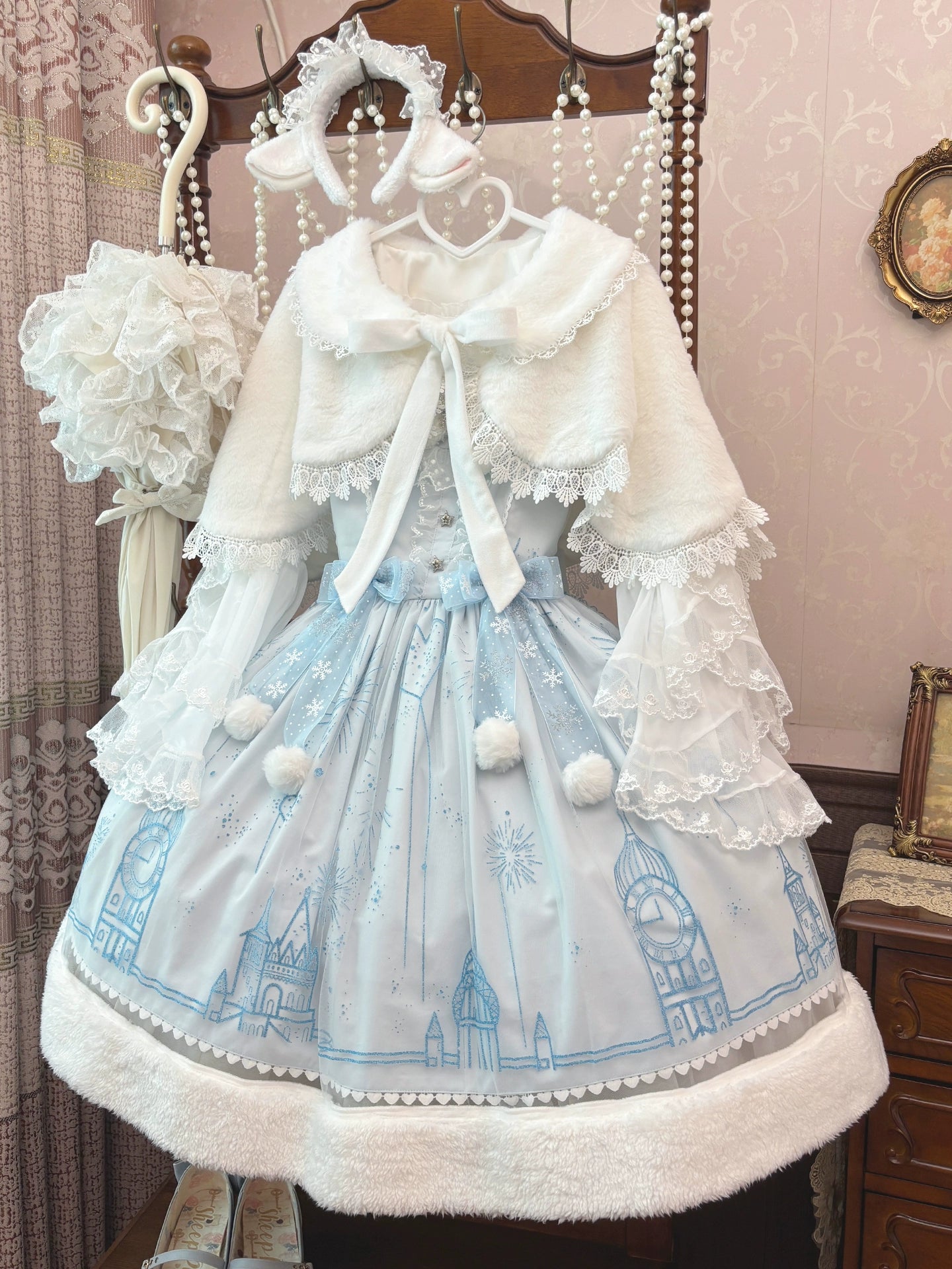 ZhiJinYuan - Snow Castle - Winter Sweet Lolita JSK Cape Dress, Blue Castle Print 44107:796465