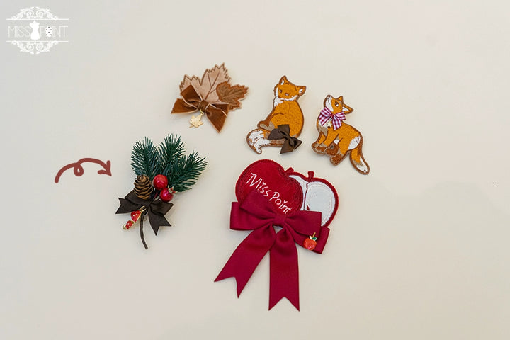 Miss Point~Fat Box in the Forest~Elegant Lolita Necklace Brooch KC Beret Accessories Pine Branch Red Fruit Brooch  