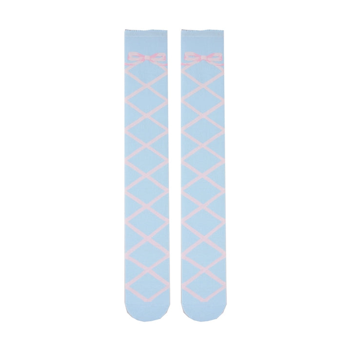 Roji Roji~Sweet Lolita Cotton Mid-Calf Socks knee-high socks pink straps on blue background 