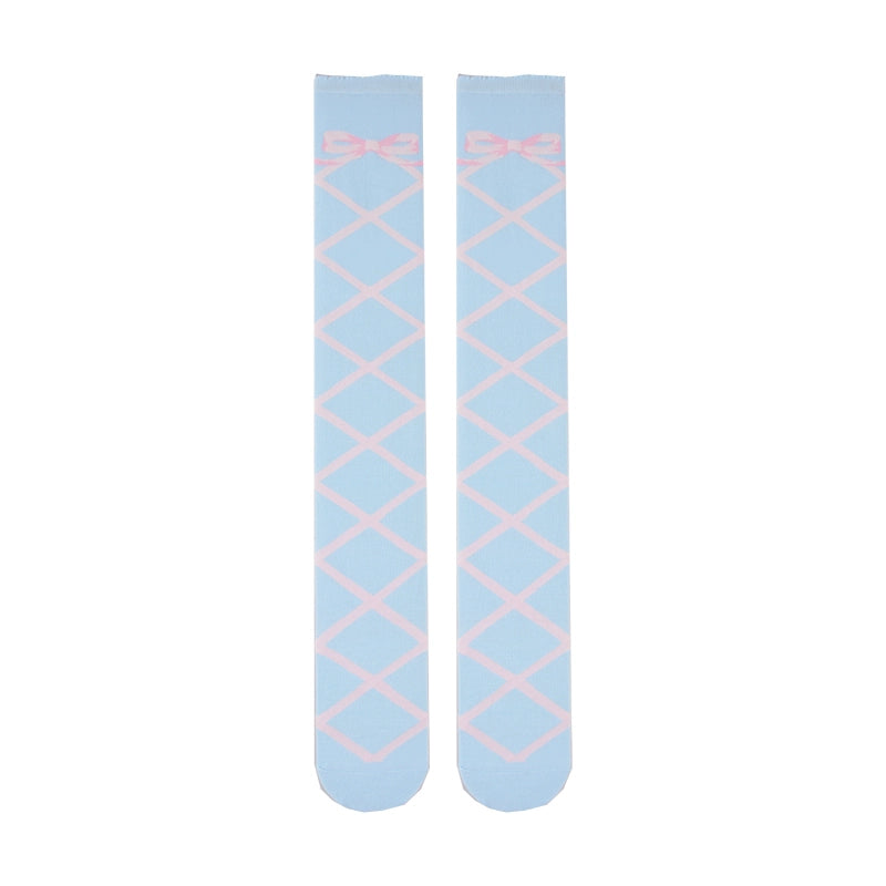 Roji Roji - Sweet Lolita Cotton Mid-Calf Socks knee-high socks pink straps on blue background