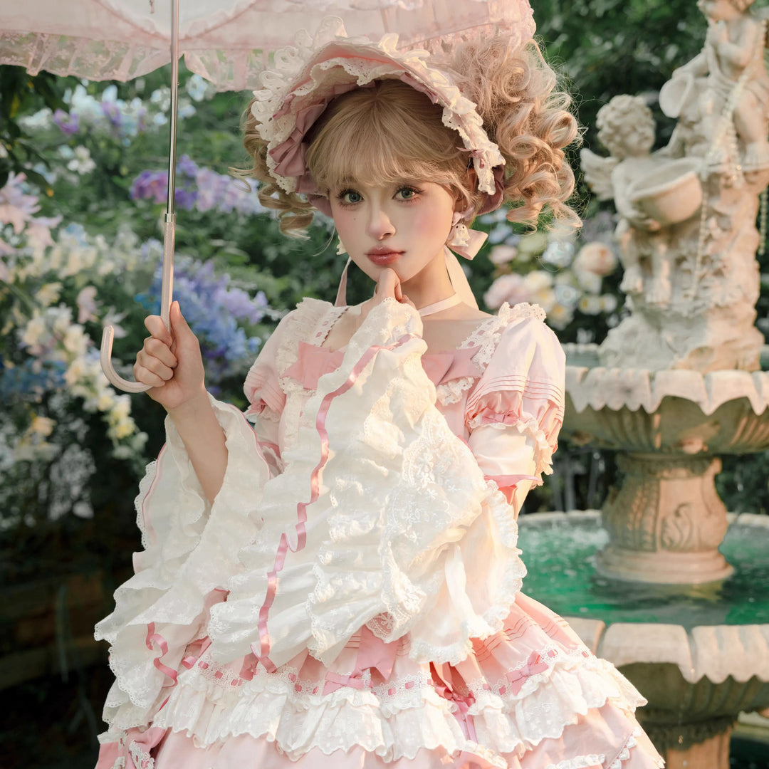 Heartbeat doll~Lily's Tea Party~Pink Old School Lolita OP Dress Long Sleeve