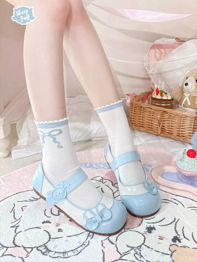 Bunny Milk Candy - Kawaii Lolita Flat Shoes, 3D Bunny Ear Bow