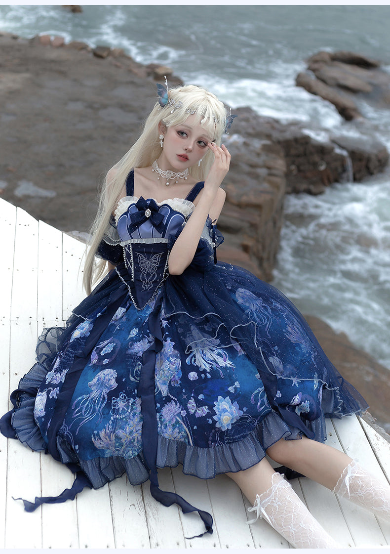 YingLuoFu~Original Elegant Lolita Blue Lolita JSK   