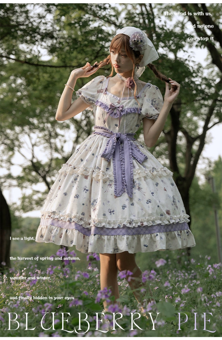 (BFM)Strawberry Fantasia~Blueberry Pie~Country Lolita OP Short Sleeve Floral Printing Dress   