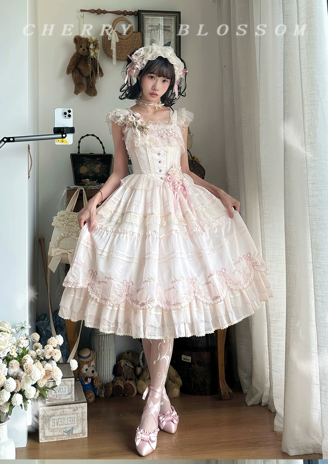 MieYe - Cherry Blossom - Pink Sweet Lolita Tiered Dress
