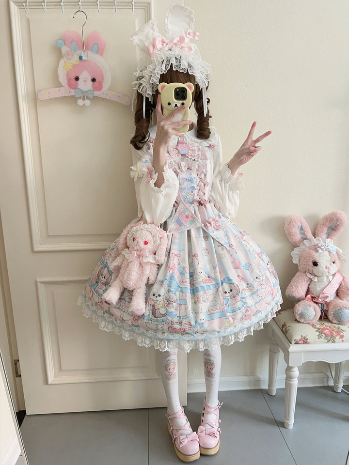 Hanguliang~Sweet Tea Party~Kawaii Lolita JSK Puppy Printed Dress with Sash