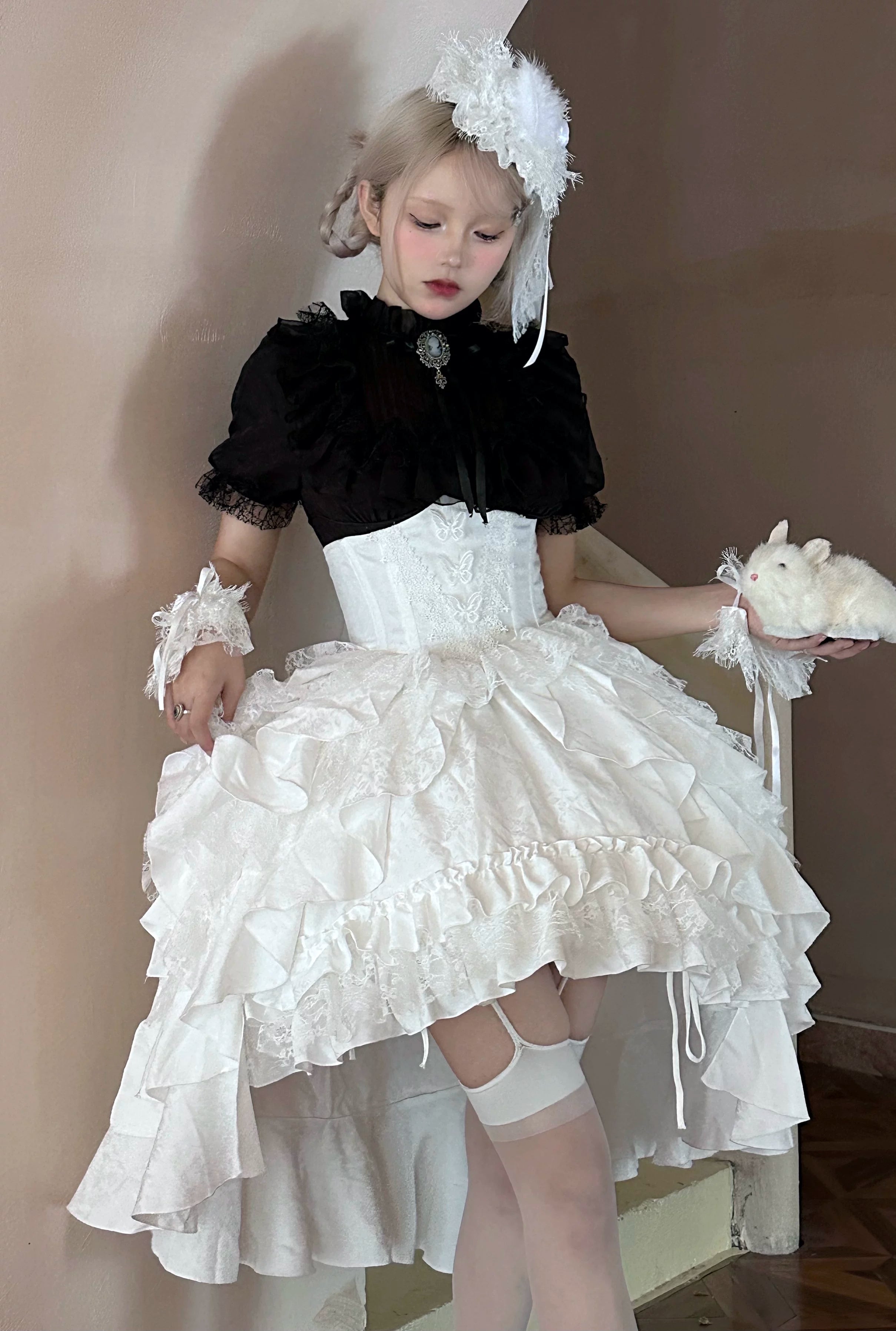 Mistshroud Manor - Gothic Lolita Blouse & Boned Waist SK, Drawstring Lift-up Hem (L M S XL) 45909:867543