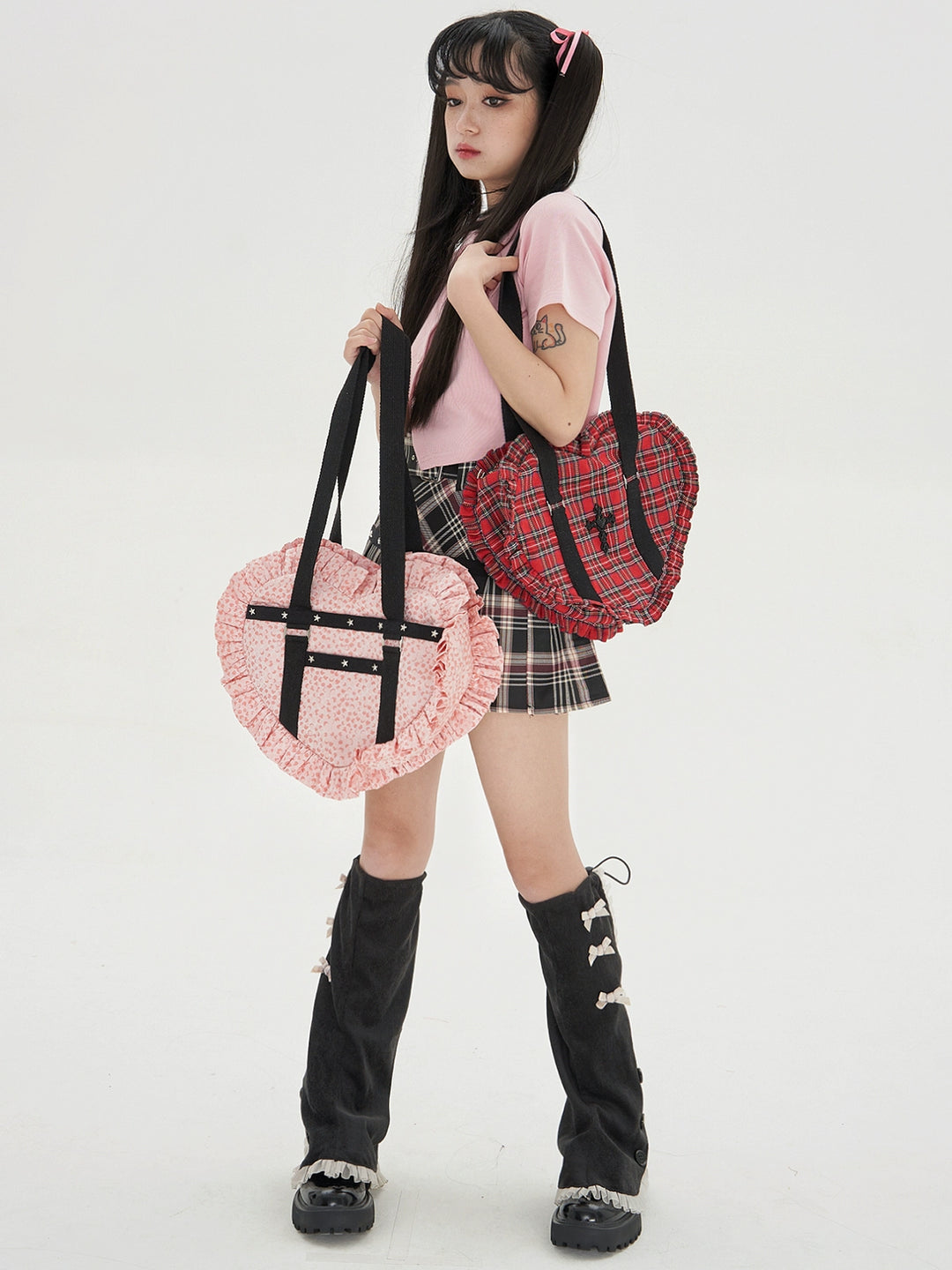 (BFM)Soso Meme Club~Vintage Lolita Heart Shaped Plaid Dot Print JK Uniform Bag   