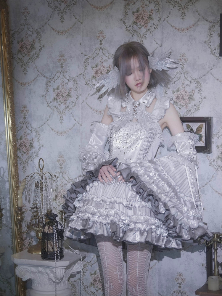 LustrE - Metallic Angel - Silver-white Punk Lolita JSK, Wing and Rhinestone Details 44276:801871