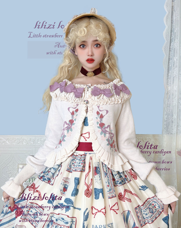 Lilizi~Little Strawberry~Sweet Lolita Cardigan Ivory Sweater with Bows