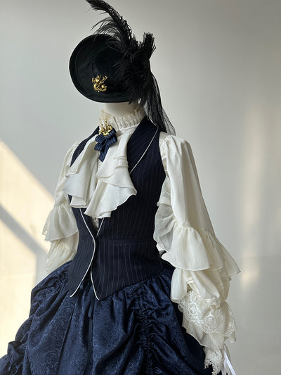 (BFM)ZJstory~Ouji Lolita Embroidery Set Court Style Skirt and Pants S Dark Blue Striped Vest only 