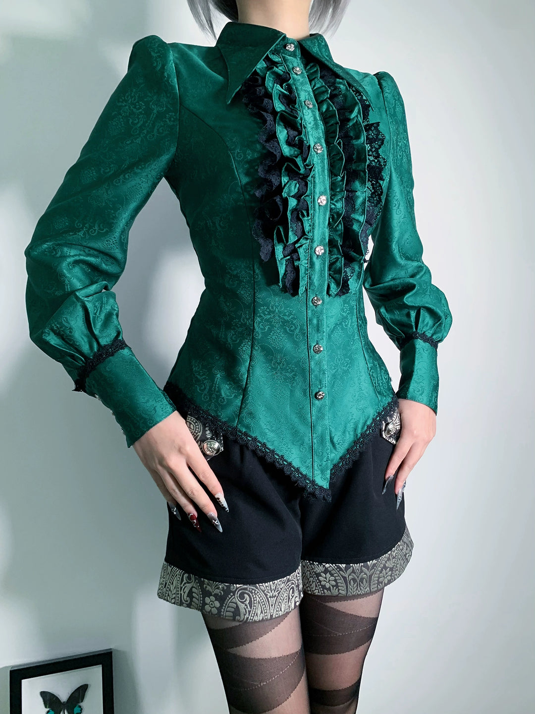 Little Dipper~Cold Rice~Ouji Lolita Shirt Long Sleeve Prince Blouse Green Shirt with Black Lace - [Long Version] S