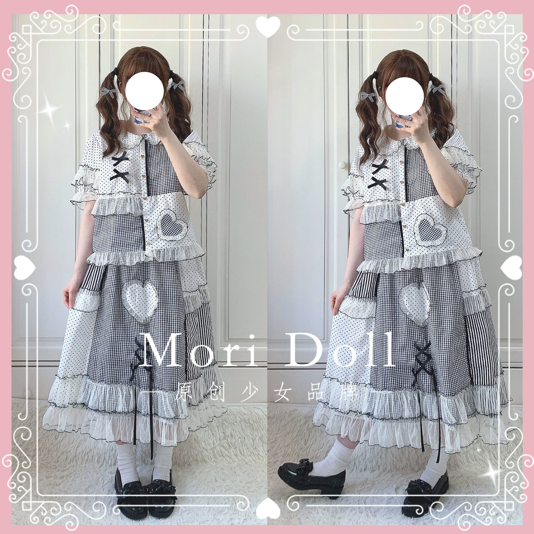 Mori Doll~Peach Tea~Sweet Lolita Dot and Stripe Print Short Sleeve Blouse