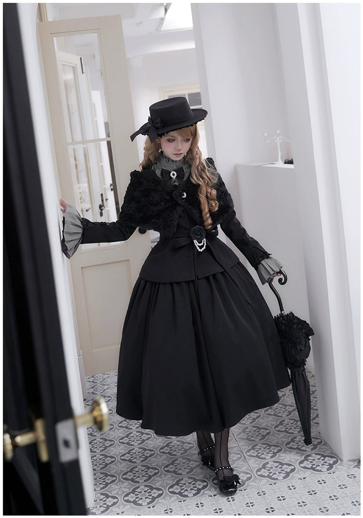 With PUJI~Old Testament~Classic Lolita Coat Black Plush Lolita Cape and Brooch