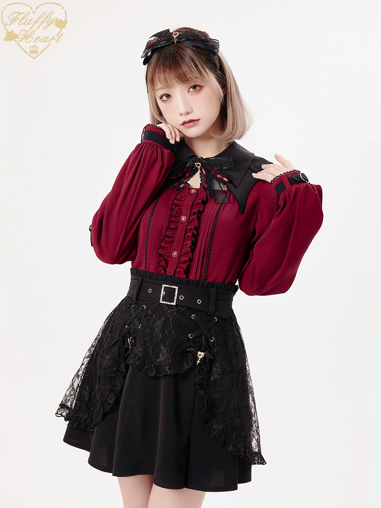 (BFM)Fluffy Heart~Vampire~Jirai Kei Rhinestone Belt Black Lace Double Layers Skirt