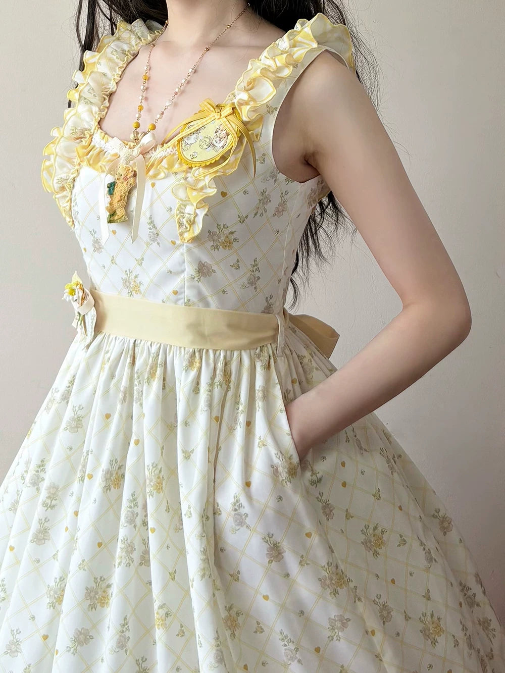Patchwork Garden 2.0 - Classic Lolita Floral Print JSK Dress, Side Pockets