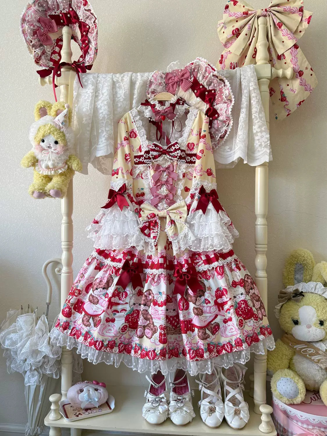 SweetBerry Bunny Bear - Sweet Lolita Hime Sleeve OP Dress, Strawberry and Bear Print Yellow - OP Only S
